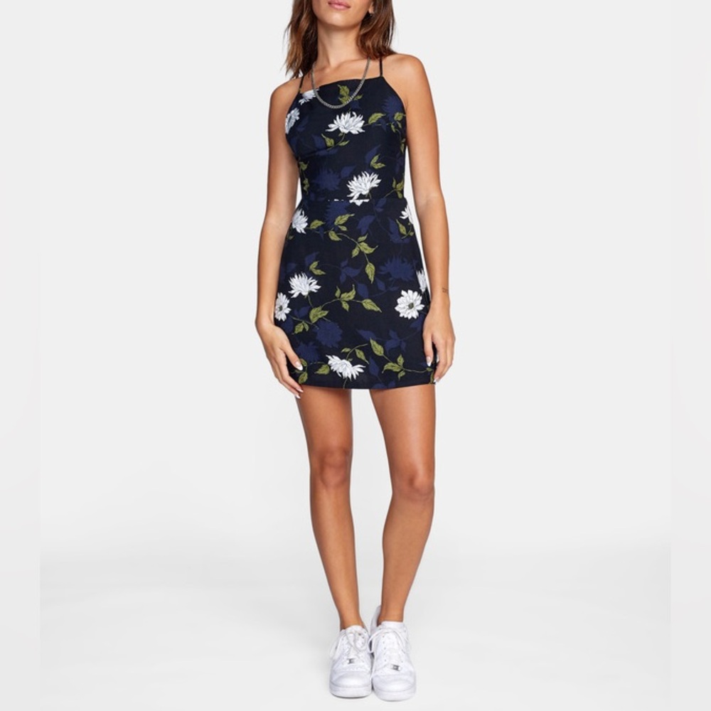 RVCA Floral Mini Dress XS Navy Blue White Green Strappy Back
